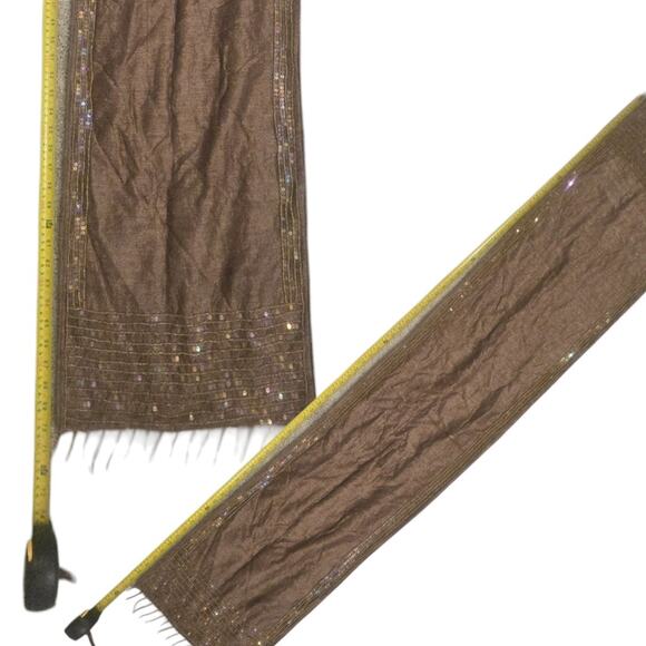 Decorative Chocolate Brown Silk Top Table Runner Beaded Fringe Sequins 70 x 14 - Picture 2 of 7